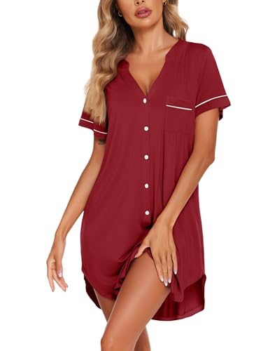 Image of Ekouaer Nightgowns for Women Button Down Night Gowns Short Sleeve Sleep Shirt V Neck Nightshirt Soft Sleepwear Pajams Dress