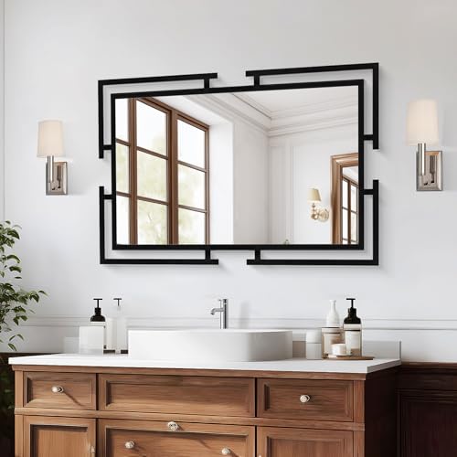 Image of Large Wall Mirror for Living Room, 28 inchx40 inch Black Decorative Wall Mirror for Over Sink, Tempered Glass with Metal Frame for Bedroom, Horizontal /Vertical