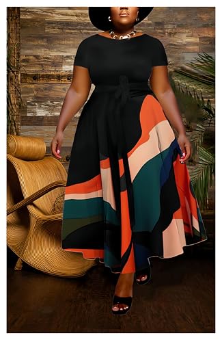 Image of Hostoyo Women Plus Size Formal A Line Maxi Dress Self Tie Waist with Pockets Elegant Round Neck Swing Long Dresses