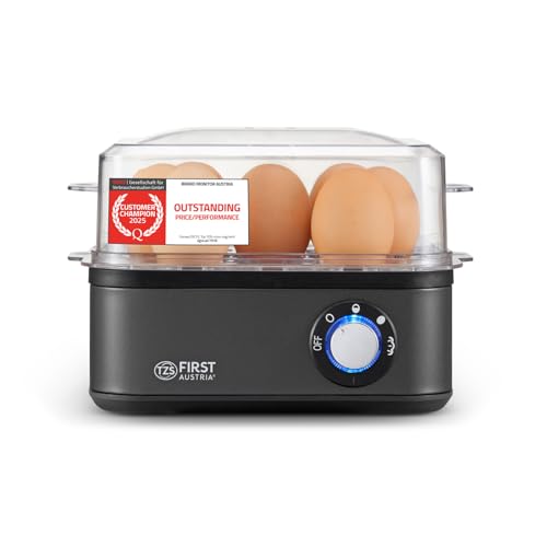 TZS First Austria Hervidor de Huevos Gris   8 huevos   4 niveles de cocción + vapor   Apagado automático con aviso   Protección contra seco   Medidor y molde para pochar   Compacto y ligero