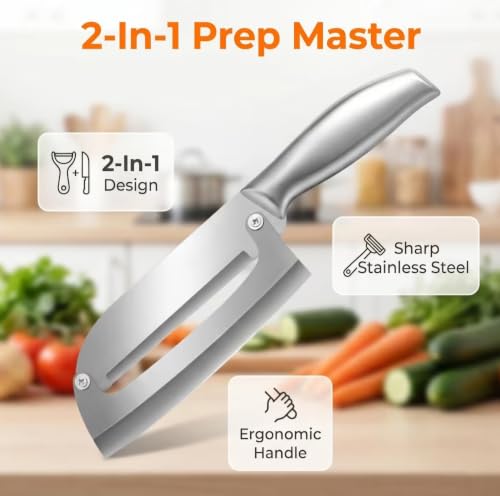 Image of Wizbiz 2-in-1 Kitchen Knife with Vegetable Peeler | Stainless Steel Chef Knife for Cutting, Slicing, Chopping & Peeling Fruits and Vegetables | Ergonomic Non-Slip Handle | Multipurpose Kitchen Tool