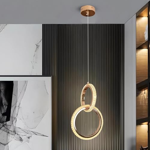 Image of Smartway Itzel 12 Watt Double Ring Pendant Light | Gold Hanging Ceiling Lamp with Crystal Textured | Adjustable Hanging Light for Bedroom, Living Room, Dining Area, Cafe, Restaurant & Office