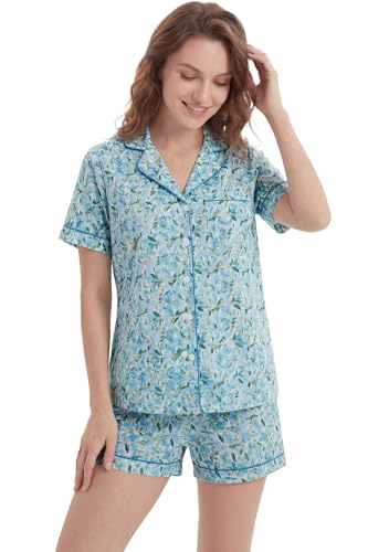 Image of LUBOT 100% Cotton Pajamas for Women 2 Piece PJ Set Poplin Woven Lightweight Ladies Button Short Sleeve Sleepwear S-XXL