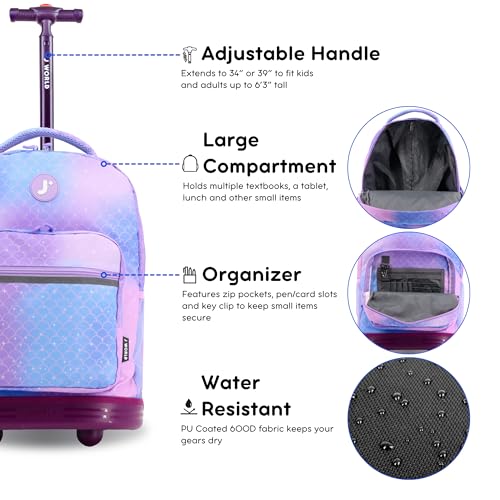Image of J World Sunrise Kids Rolling Backpack with Wheels for Girls Boys, Roller Bookbag for School, 18 x 13 x 9 Inches, Purple Mermaid