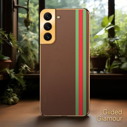 Image of Vaku Luxos Felix Line Back Cover for Samsung Galaxy S22 5G with Leather Pattern Gold Electroplated Soft TPU Cover Shockproof Protective Case - Brown