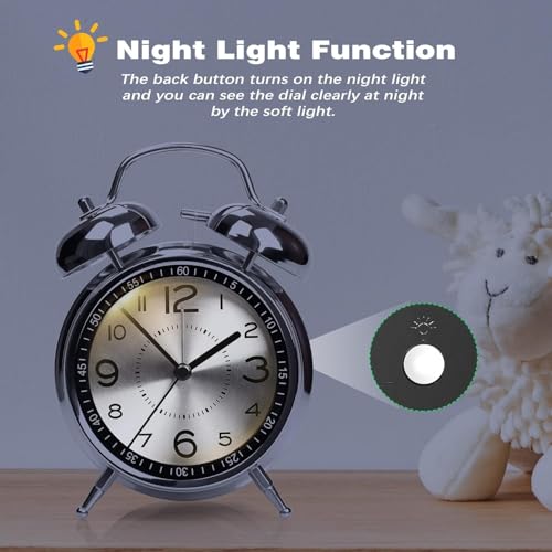 Image of Alarm Clock Analog Table Clock with Twin Bell Design and Numbered Dial, Desktop Timepiece (Metal Silver Analog Alarm Clock)