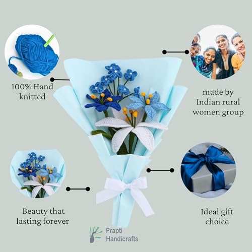 Image of Prapti Handicrafts Artificial Crochet Blue Lily Flower Bouquet /Forever Flowers /Valentine Day Romantic Gift for Girls /Boys /Girlfriend /Boyfriend /husbund /Wife Home Decor Gift Ideas (Blue Shades)