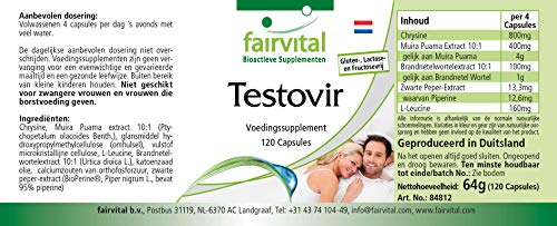 Fairvital | Testovir - Crisina + Ortiga + Muira Puama + Pimienta Negra - Suplemento VEGANO - Dosis elevada - 120 Cápsulas - Calidad Alemana