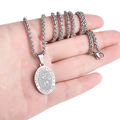 P. BLAKE Oval Saint Christopher/Michael/Joseph/Jude/Virgin Mary/Joseph/Francis/Patrick/Anthony/Benedict/Thomas Necklace for Men Women, Stainless Steel Catholic Patron Pendant with Chain 24 Inches