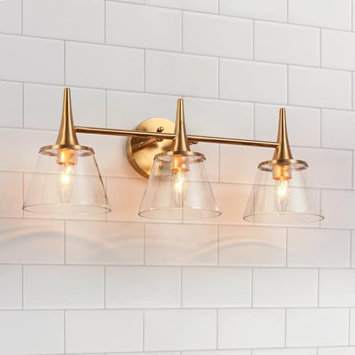 Image of KSANA Gold Bathroom Light Fixtures, 22.5'' Modern Plating Brass Vanity Lights with Seeded Glass Shade, 3-Light Copper Bathroom Lighting Over Mirror