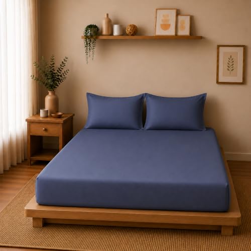 Image of Linen Home Cotton Percale Fitted Bedsheet Set SingleXL Size Dark Blue