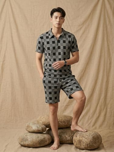 Image of Men's Printed Zip Polo Neck T-Shirt with Half Short Pant Co-ord Set Fabric, Stylish Printed Design, Comfortable Regular Fit