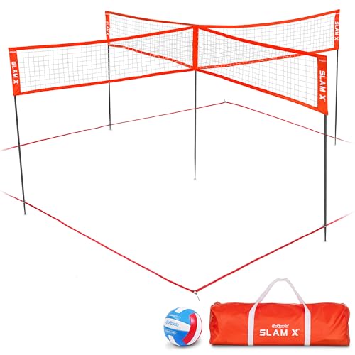 GoSports Slam X 4 Square Volleyball Game Set - Ultimate Backyard & Beach Game for All Skill Levels - 14 x 14 ft