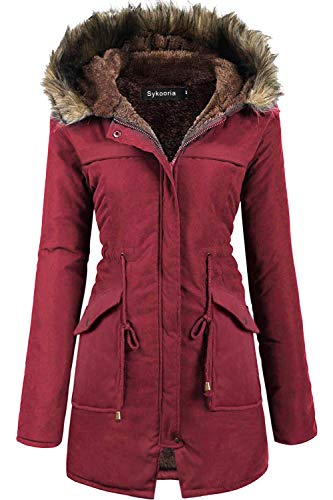 Sykooria Women's Warmth Coat with Fur Hood with Fleece Faux Fur Lined Parka Puffer Jacket Red