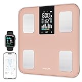 Pèse Personne Connecté MELTA. – Impédancemètre 15 Données : IMC, Masse Grasse, Musculaire, Viscérale, Osseuse – Bluetooth & Application Gratuite – Synchronisation Santé – Verre Trempé – 180kg (ROSE)