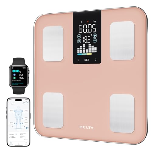 Pèse Personne Connecté MELTA. – Impédancemètre 15 Données : IMC, Masse Grasse, Musculaire, Viscérale, Osseuse – Bluetooth & Application Gratuite – Synchronisation Santé – Verre Trempé – 180kg (ROSE)