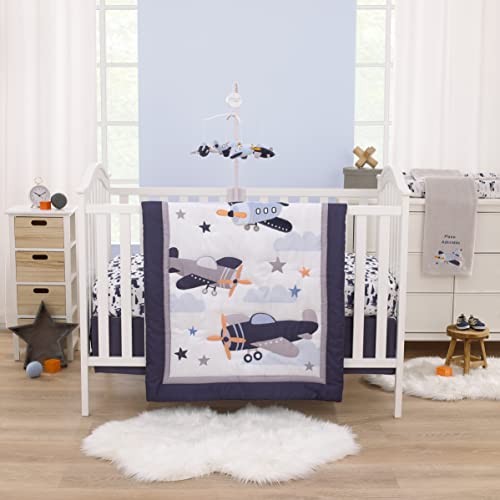 Image of Little Love by NoJo Soar High Little One Navy, Light Blue, Orange, and White Airplanes, Clouds, and Stars Fitted Crib Sheet