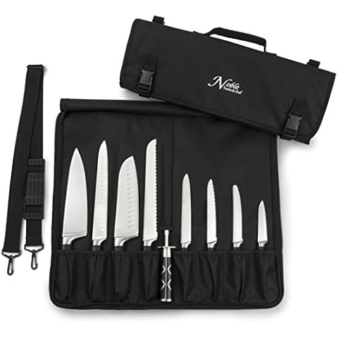 Chef Knife Bag (8+ Slots) is Padded and Holds 8 Knives PLUS Your Meat Cleaver, Knife Steel, 4 Utensils, and a Zipped Pouch for Tools! Durable Knife Carrier also Includes a Name Card Holder. (Bag Only) Cover
