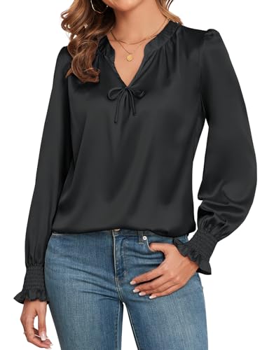Image of ZAFUL Womens V Neck Blouse Silky Satin Going Out Tops Dressy Long Sleeve Business Casual Shirts