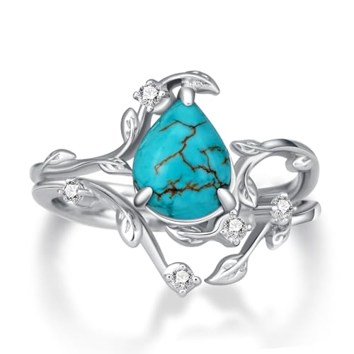 Real Turquoise Wedding Ring Set for Women Sterling Silver Genuine Turquoise Engagement Rings Wedding Turquoise Jewelry for Women