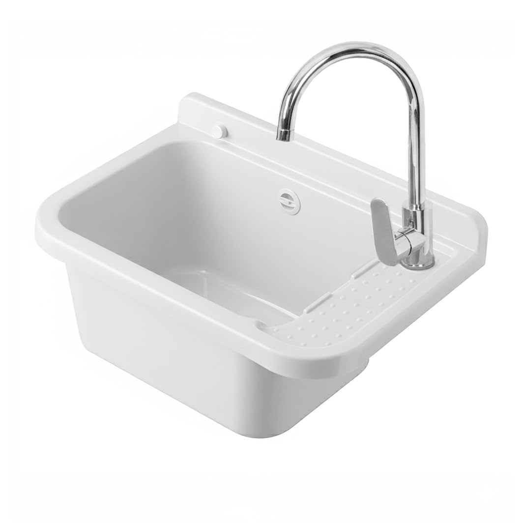 Set Pilozzo Sospeso 50x34 Cm Bianco - Vasca Lavatoio In Resina Resistente Agli Acidi Con Porta Sapone - INCLUDE Miscelatore Canna Alta Cromo In Acciaio INOX E Kit Scarico