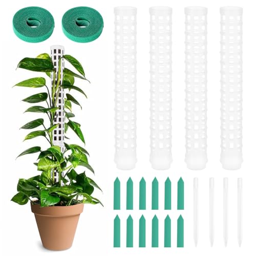 OFFCUP Plastic Moss Poles, 4x 25cm/ 100cm Monstera Plant Support for Climbing Plants Plant Poles with Cable Ties & Labels