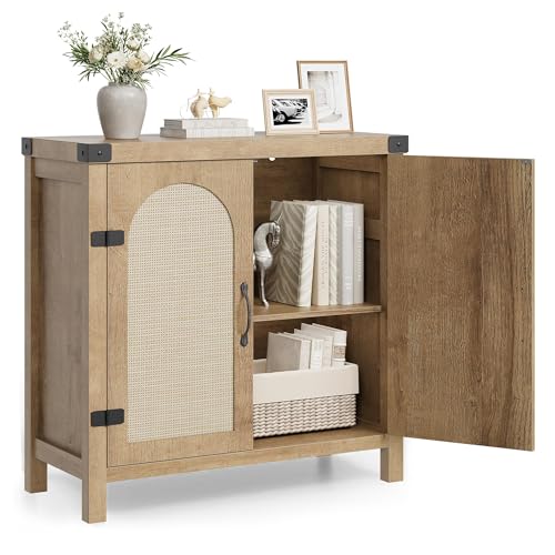 GarveeHome Aparador boho multifuncional para entrada – Puertas de mimbre | estantes ajustables, diseño moderno – Mueble recibidor, salón o comedor