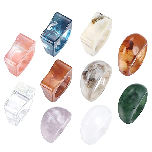 Finrezio 10Pcs Résine Acrylique Anneaux Ensemble d'Anneaux d'Articulation à Dôme Large Et Épais Coloré Anneaux Communs Empilables en Plastique Transparent pour Les Femmes Fille Cover