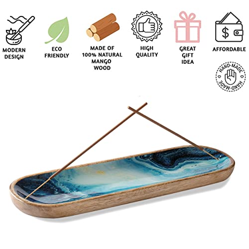 Folkulture Incense Holder Or Incense Burner Holder, Modern Insence Ash Catcher Or Insense Stick Holder For Table Décorations, Wooden Incense Tray For Sticks, Boho Gifts, Mango Wood, Blue #TOP3