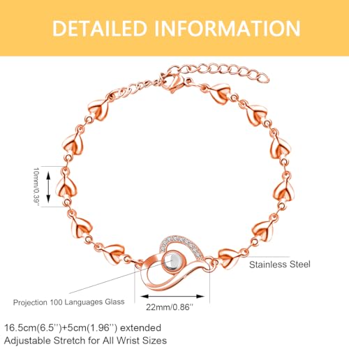 Image of Uloveido Cute Stainless Steel Heart Link Chain Bracelet | 100 Different Languages I Love You Projection Bracelets for Women Girls
