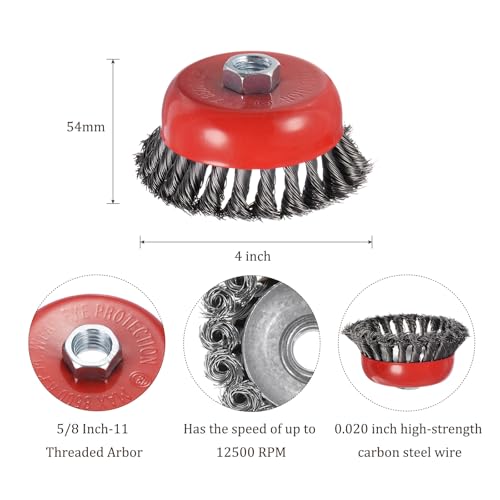 Image of Twisted Knotted Wire Cup Brush for Angle Grinder - [4 Inch] for Paint Stripping Cleaning Rust Duty Abrasive, 5 /8 Inch-11 Threaded Arbor, .020 Carbon Steel Wire, Red