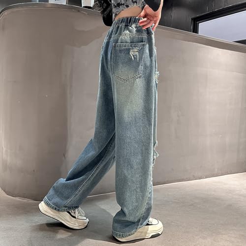 Wide Leg Ripped Jeans for Girls Baggy Elastic High Waist Hole Y2K Denim Pants Streetwear Straight Kids Fall Bottom4