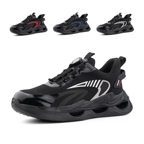 Loiston Sicherheitsschuhe Herren Arbeitsschuhe Damen Leicht Stahlkappenschuhe S3 S2 S1 Atmungsaktiv Schutzschuhe mit Drehknopf Schwarz Gr.42