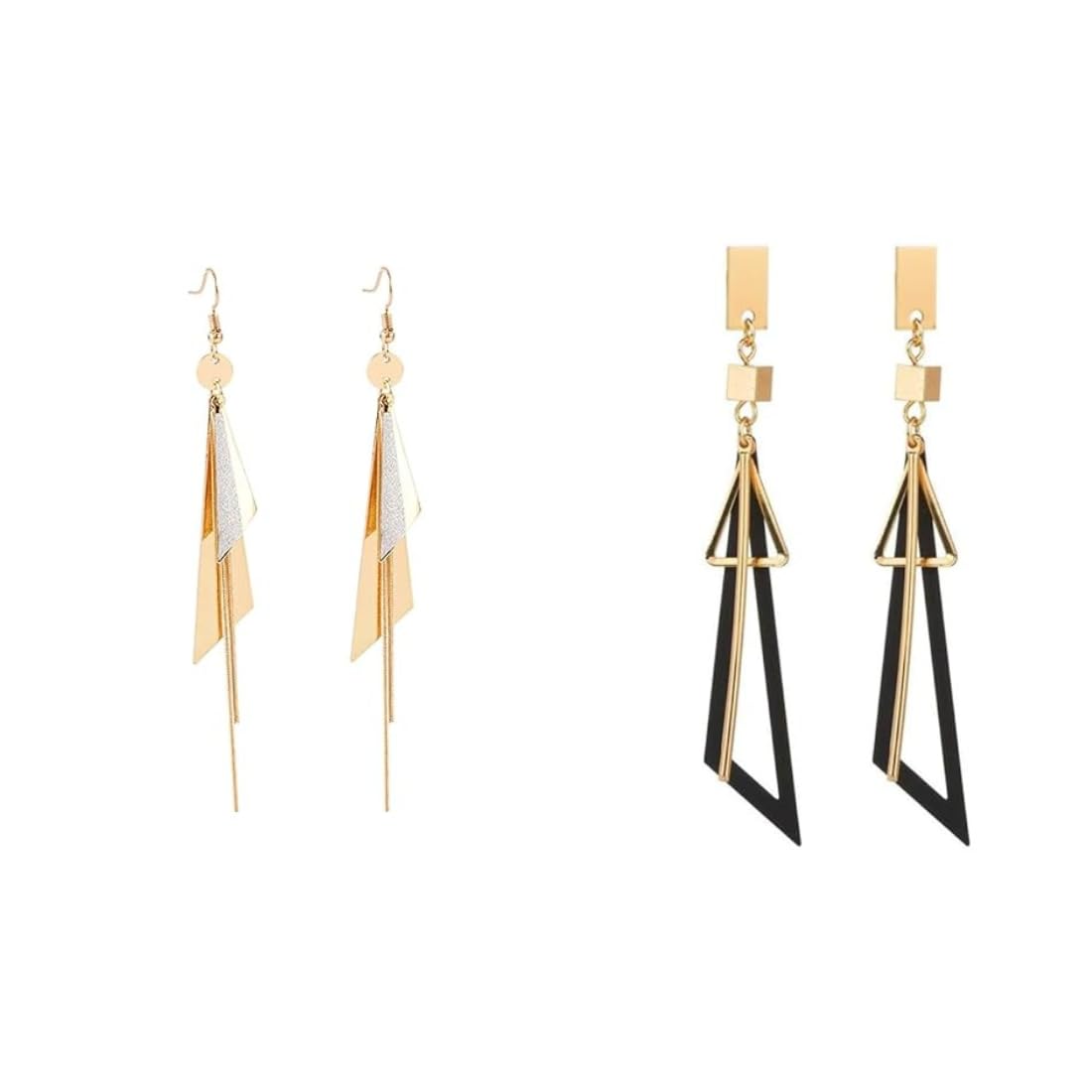 Gold Plated Geometric Triangle Long Tassel Drop Earrings for Women and Girls, Copper Triangular Drop Golden Danglers with Metal Chain-image-37