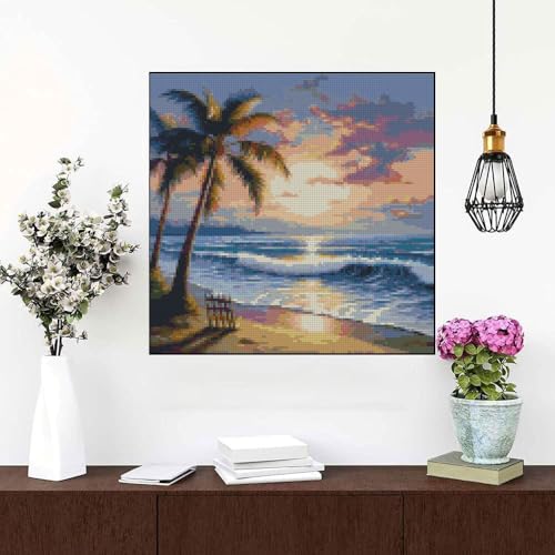 Image of Beach Sunset Stamped Cross Stitch Kits - Tree Counted Cross Stitch Kits for Beginners Adults Needlepoint Cross-Stitch Patterns Dimensions Needlecrafts Embroidery Kits Arts and Crafts 13.7x13.7 Inches