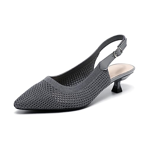 Image of youngshow Women's Slingback Kitten Heels for Work | Knit, Low Heels, Elastic Back Strap, Slip on, Pumps for Office, Wedding, Party
