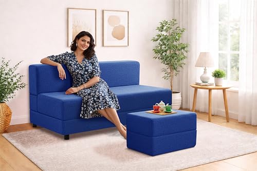 Image of 5X6-Feet Leg Sofa Cum Bed with Ottoman | Jute Fabric 3 Seater Convertible Sofa Bed | Modern Space Saving Furniture for Living Room | Blue