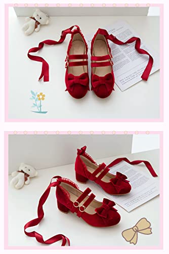 Women's Vintage Lolita Shoes Medium Heel Mary Jane Pumps with Ankle Ribbon Tie4