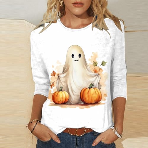 Halloween Shirts for Women 3/4 Sleeve Plus Size Crewneck Loose Fit Cute T Shirt Halloween Costumes for Women 2025
