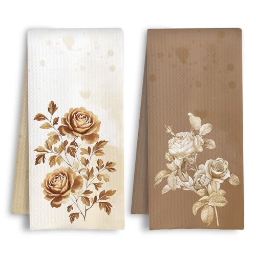 HSIASHENG ArtisaEura Boho Brown Rose Floral Kitchen Towels, Vintage Neutral Elegant Rose Flower Botanical Dish Tea Hand Towels for Kitchen Bathroom Decor, 16x24 Inch Set of 2