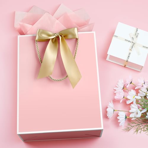Image of JMANNI Gift Bag, 1PCS Gift Bags Large with Ribbon and 1 Greeting Cards 2 Tissue Paper, Portable Paper Gift Bag with Handles, Birthday Gift Bags,Present Bags for Wedding Party Mothers Day(Pink-White)