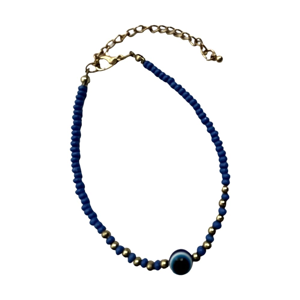 VIE Evil Eye Bracelet with 6 Gold Beads Each Side (Mid Blue)