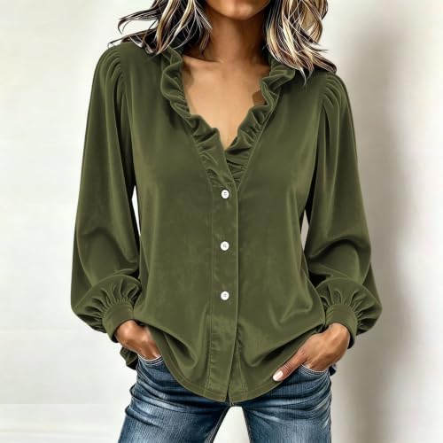 Womens Velvet Blouses Ruffle V Neck Tops Long Sleeve Button Down Shirt Fall - image 2