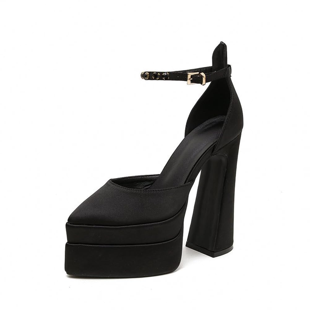 Plataforma de 14.5CM para Mujer Tacones Altos Gruesos Punta Cerrada Correa de Tobillo Hebilla Tacón de Bloque Punta Puntiaguda Fiesta de Bodas