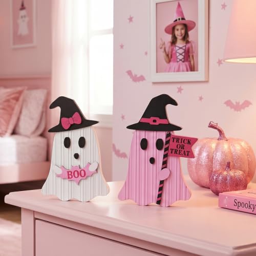 Valery Madelyn Pink Halloween Decor, Set of 2 Cute Halloween Ghost Decor, Witch Hat Boo & Trick or Treat Wooden Tabletop Signs for Home, Shelf, Tiered Tray Party Display, 5 Inch - image 8
