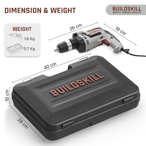 Image of BUILDSKILL 136 PCs Impact 800W Corded Electric Drill Toolkit | 3300 RPM | 48000 Impact Rate | Copper Motor | 13mm Keyless Chuck Drill Machine for Wall Drilling | Forward-Reverse | Professional & DIY