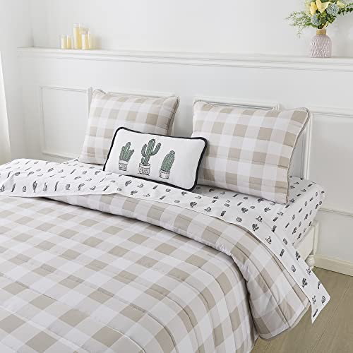 Soul & Lane X Leanna Laming Desert Dream Cactus Sheet Set (Twin Fitted Sheet, Flat Sheet, 1 Pillowcase): Cotton Twin Size Sheet, White And Gray Sheets For Twin Bed, Reversible Print Twin Sheets Set #TOP5