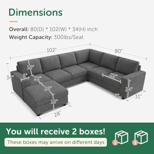 Image of HONBAY Sectional Sofa with Storage, U Shape Sofa with Chaise, 7 Seater Sectional Couch for Living Room, Light Grey
