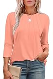 XIEERDUO 3/4 Length Sleeve Womens Tops Dressy Casual Round Neck Pleated Summer Spring Tops for Women 2025 Coral L