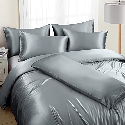Image of Ersmak 6 Pieces Satin Duvet Cover Full /Queen Size Luxury Silky Bedding Duvet Cover Set with 1 Soft Duvet Cover, 4 Queen Pillowcases and 1 Body Pillowcase, Grey
